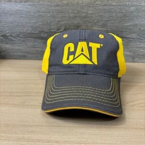 CAT Hat Cap Strap Back Gray Yellow Outdoors Work Wear One Size Adjustable